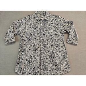 Lauren Ralph Lauren Navy White Paisley Cotton Button Down Shirt XL Mid Sleeve